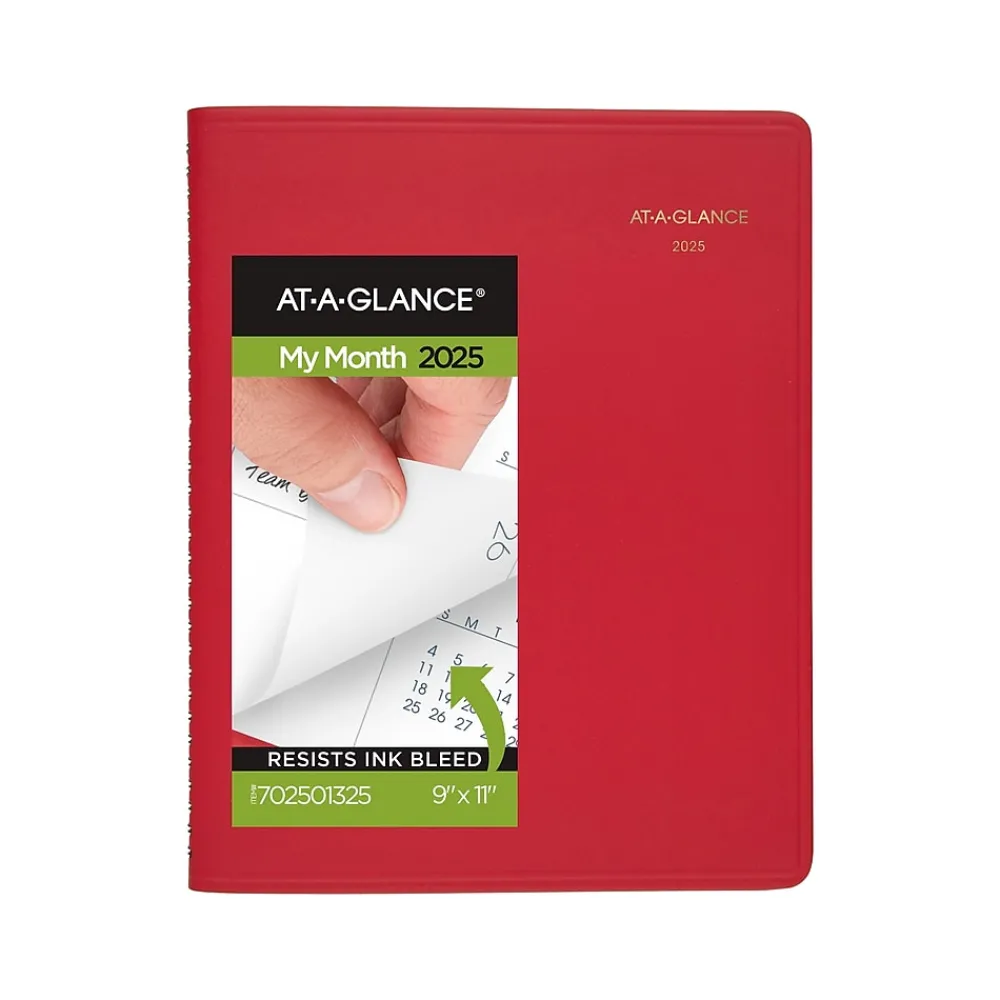2025 Planners|AT-A-GLANCE 2025 9" x 11" Monthly Planner, Faux Leather Cover, Red (70-250-13-25)