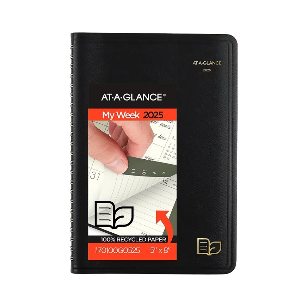 2025 Planners|AT-A-GLANCE 2025 Recycled 5" x 8" Weekly & Monthly Appointment Book Planner, Faux Leather Cover, Black (70-100G-05-25)