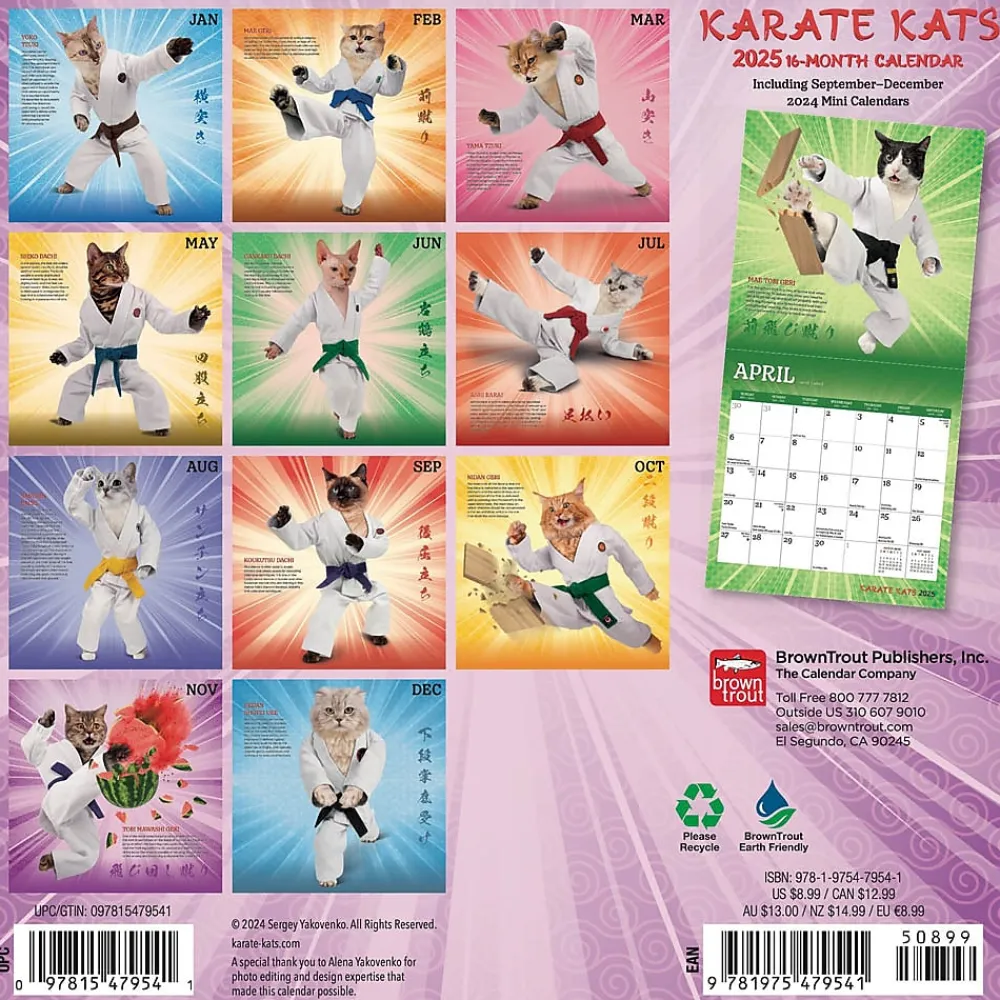 2025 Calendars|BrownTrout 2025 Karate Cats 7" x 14" Monthly Mini Wall Calendar, (9781975479541)