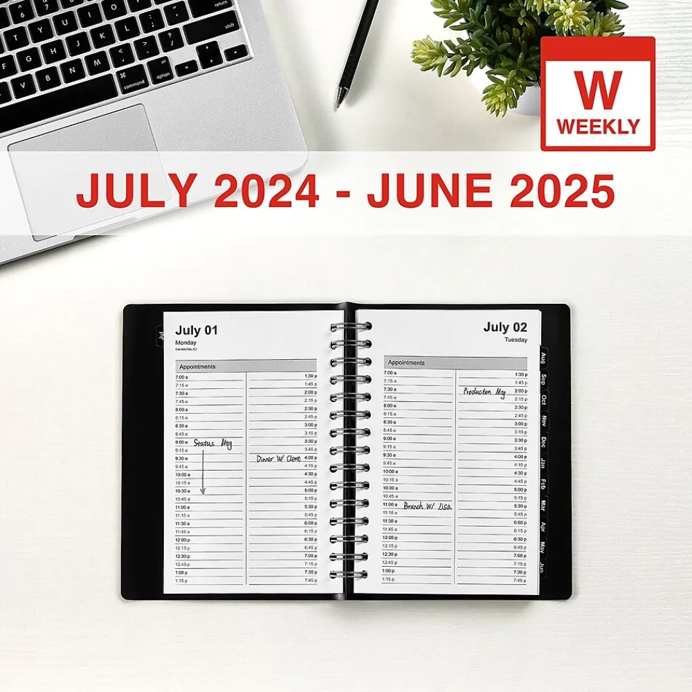 Academic Planners|Staples 2024-2025 5" x 8" Academic Daily Appointment Book, Faux Leather Cover, Black (ST60364-23)