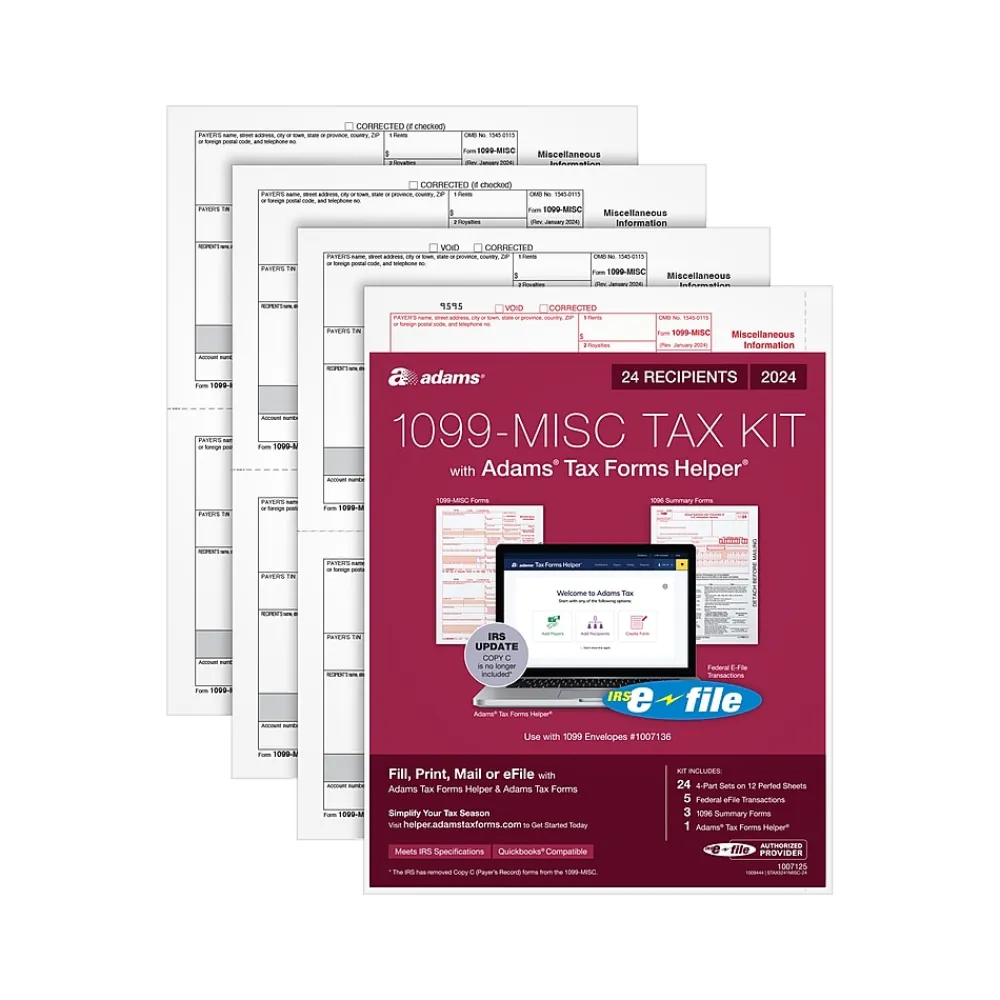 Tax Forms*Adams 2024 1099-MISC Tax Form with e-files and Access to Tax Forms Helper, 4-Part, 2-Up, Copy A, 1, B, 2, 24/Pack