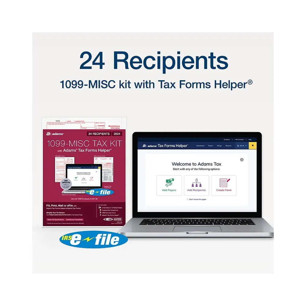 Tax Forms*Adams 2024 1099-MISC Tax Form with e-files and Access to Tax Forms Helper, 4-Part, 2-Up, Copy A, 1, B, 2, 24/Pack