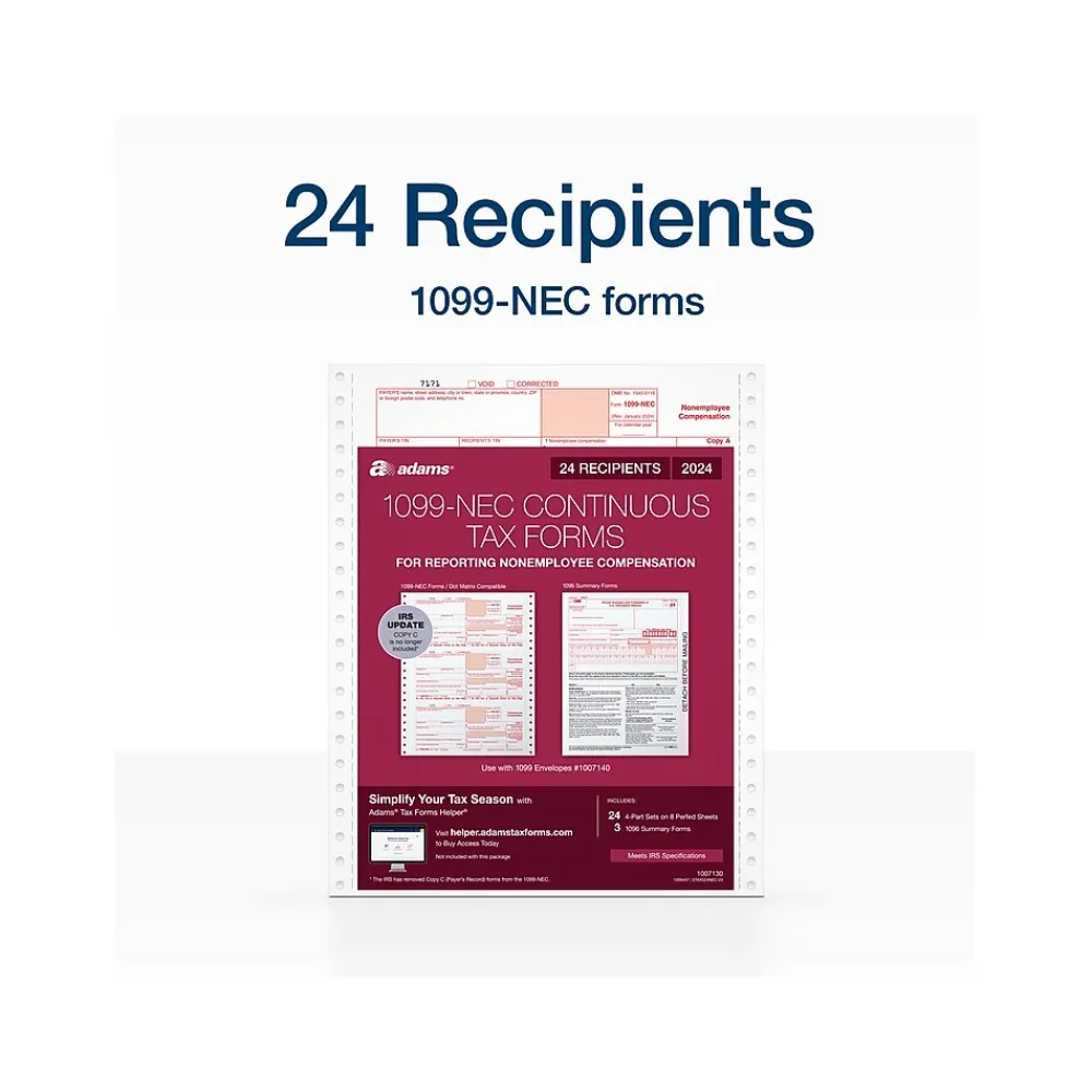 Tax Forms*Adams 2024 1099-NEC Tax Form, 4-Part, 3-Up, Copy A, 1, B, 2, 24/Pack (STAX524NEC-24)