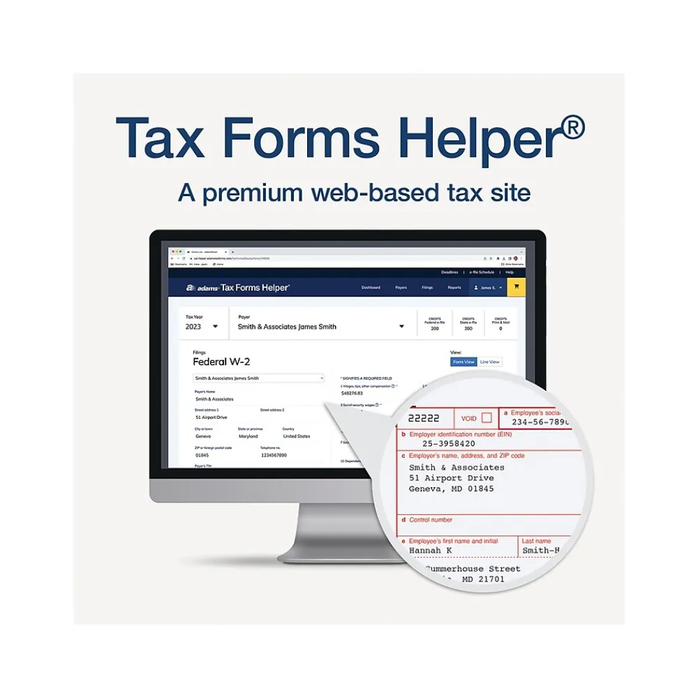 Tax Forms*Adams 2024 W-2 Tax Form with W-3 Forms, e-files, and Access to Tax Forms Helper, 6-Part, 2-Up, Copy A, 1, B, C, 2, D, 24/Pack