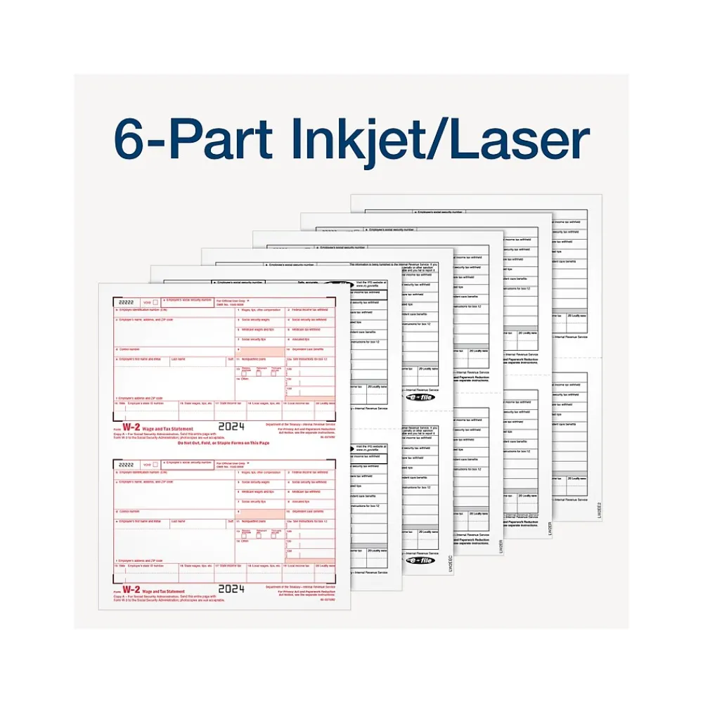 Tax Forms*Adams 2024 W-2 Tax Form with W-3 Forms, e-files, and Access to Tax Forms Helper, 6-Part, 2-Up, Copy A, 1, B, C, 2, D, 24/Pack