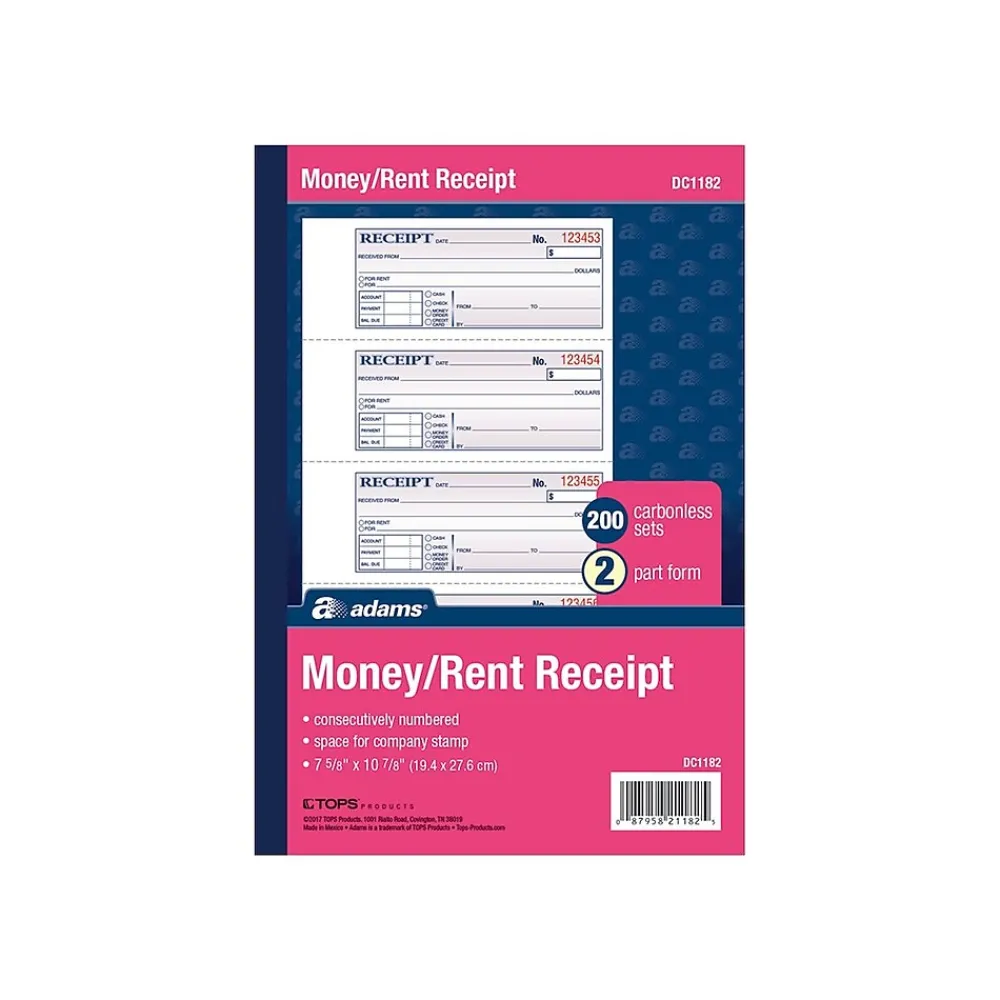 Business Forms*Adams 2-Part Carbonless Receipts, 2.75"L x 7.13"W, 200 Sets/Book (DC1182)