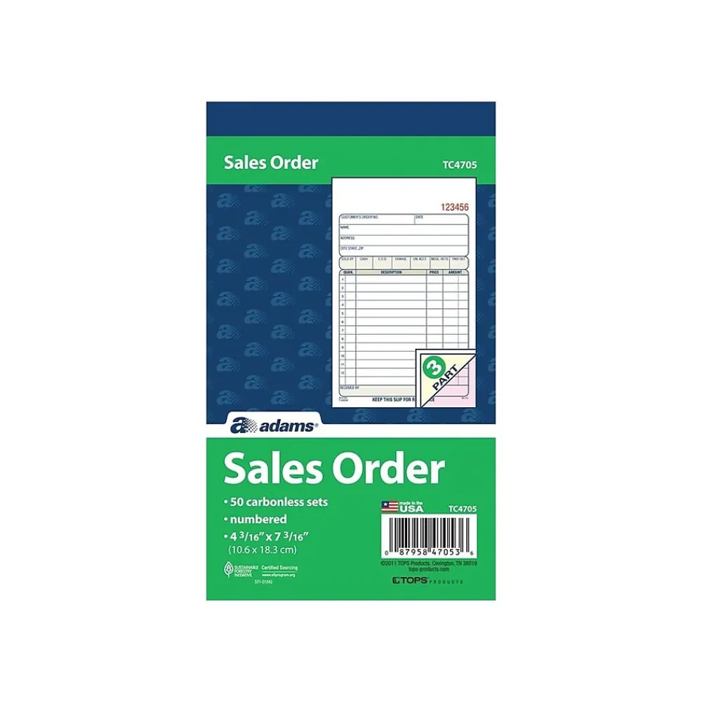 Business Forms*Adams 3-Part Carbonless Sales Orders, 7.19"L x 4.19"W, 50 Sets/Book (TC4705)