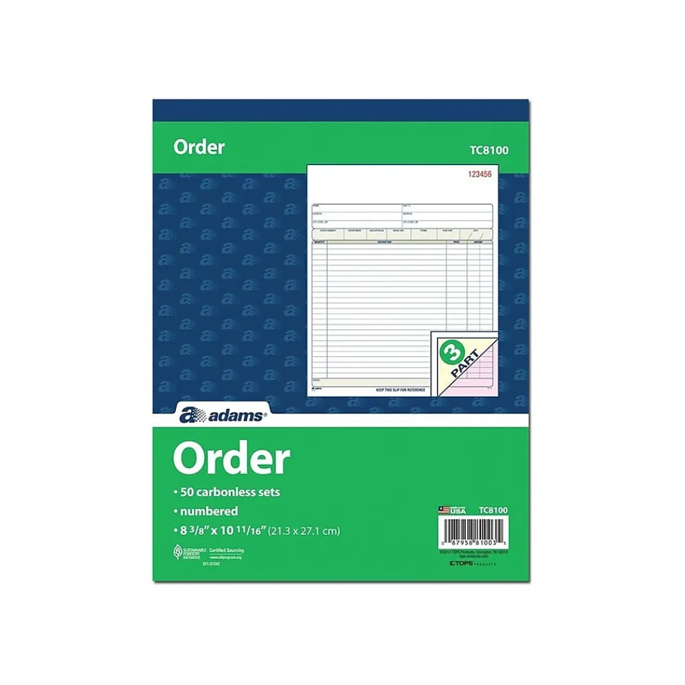 Business Forms*Adams 3-Part Carbonless Sales Orders, 10.69"L x 8.38"W, 50 Sets/Book (TC8100)