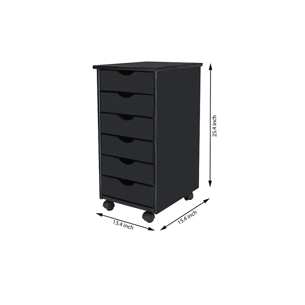 Storage Cabinets*Adeptus 25.8" Solid Pine Roll Cart with 6 Drawers, Matte Black (10016)