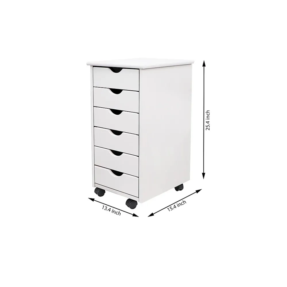 Storage Cabinets*Adeptus 25.8" Solid Pine Roll Cart with 6 Drawers, Whitewash (10018)