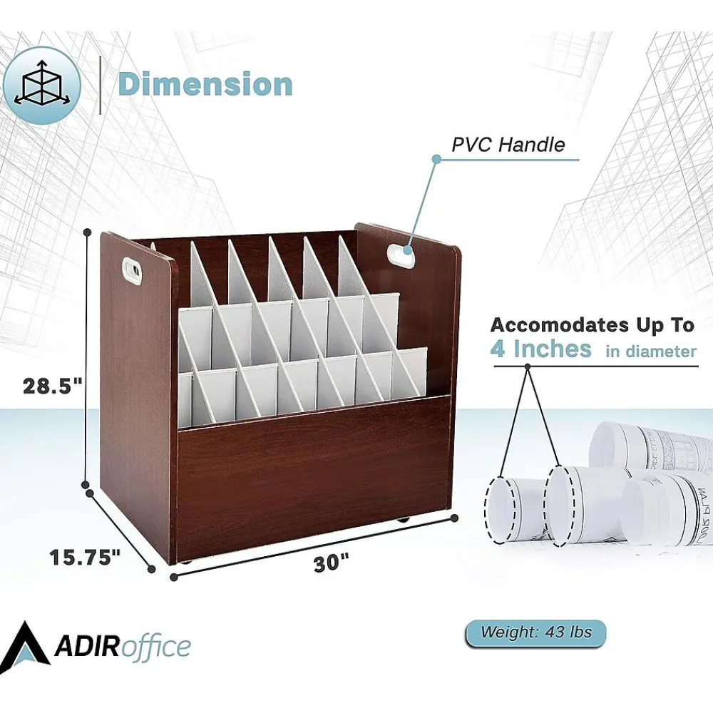 File Cabinets*AdirOffice 21-Slot Mobile Roll File, 28.5"H x 30"W x 15.75"D, Mahogany, 2/Pack (625-MA-2PK)