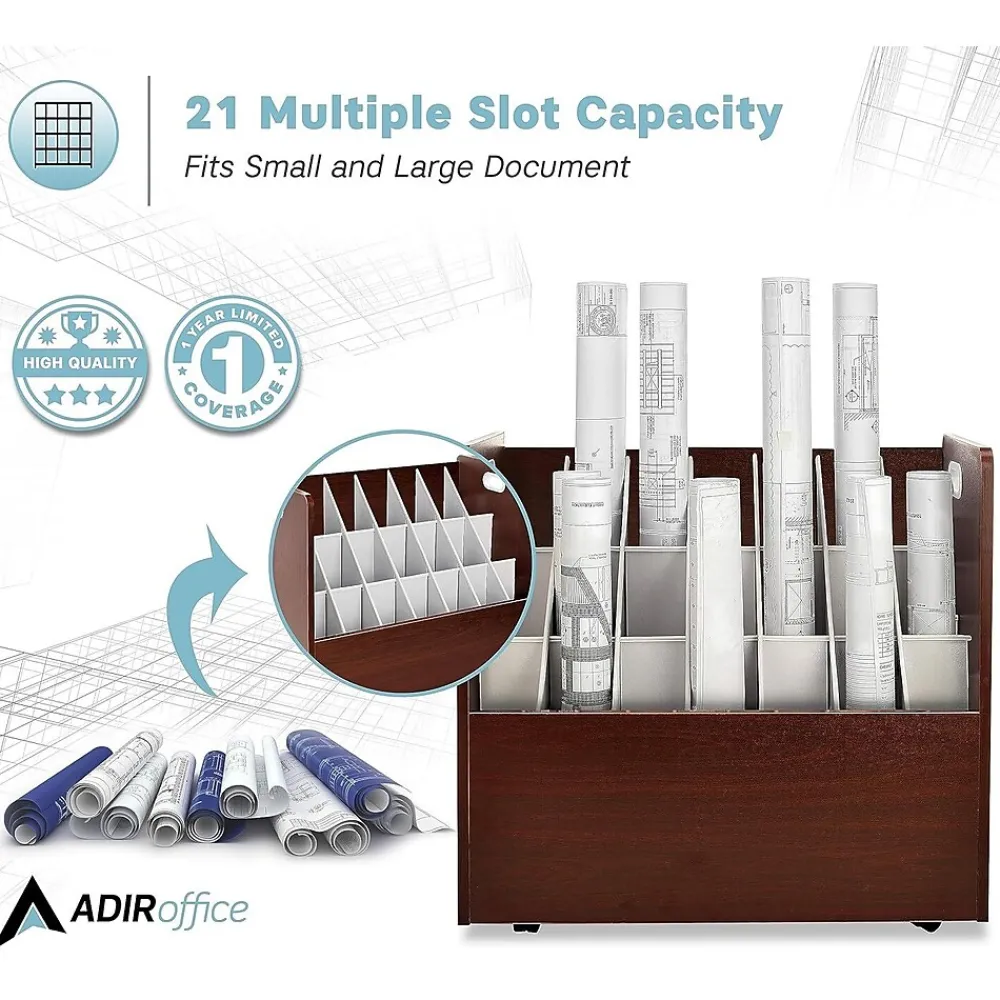 File Cabinets*AdirOffice 21-Slot Mobile Roll File, 28.5"H x 30"W x 15.75"D, Mahogany, 2/Pack (625-MA-2PK)