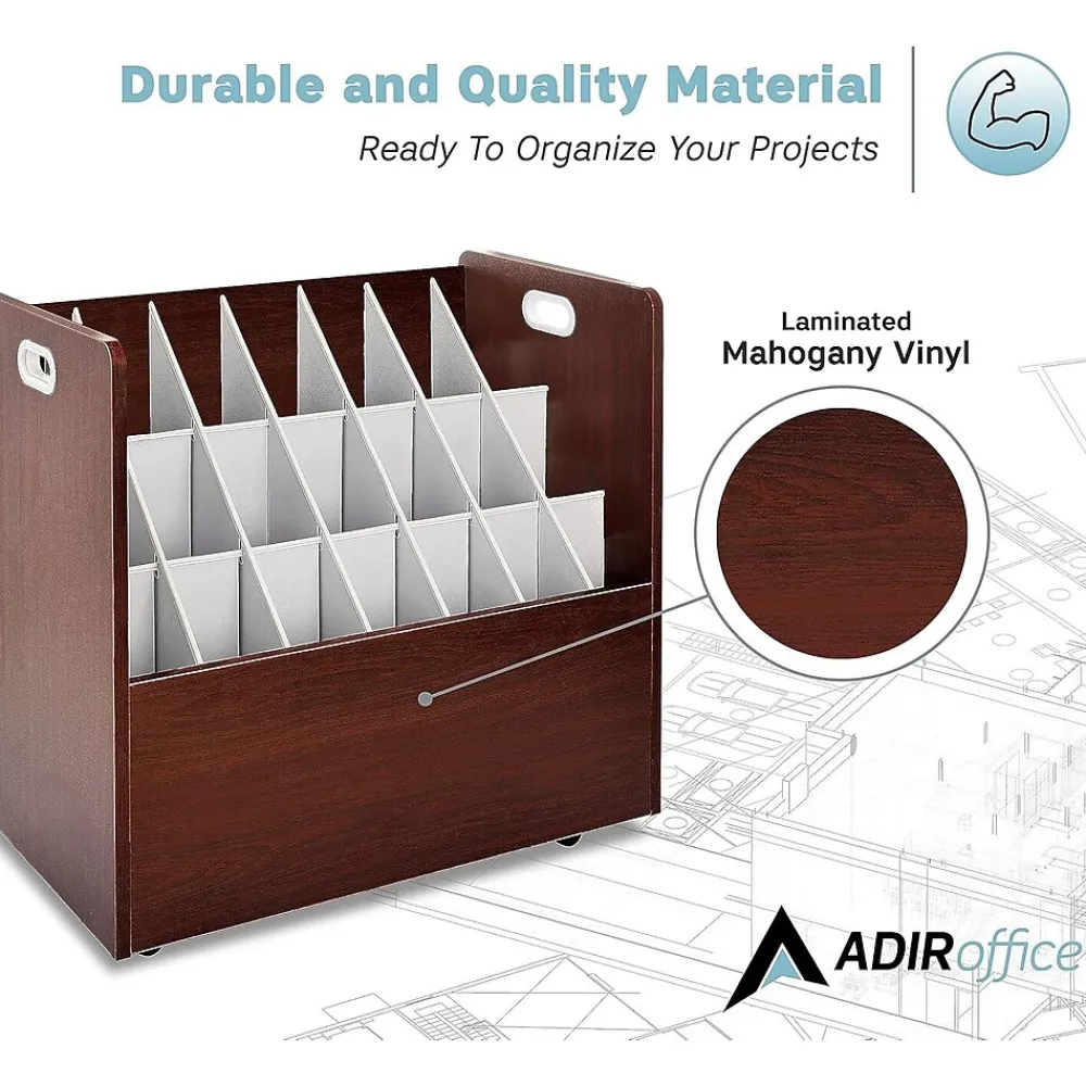File Cabinets*AdirOffice 21-Slot Mobile Roll File, 28.5"H x 30"W x 15.75"D, Mahogany, 2/Pack (625-MA-2PK)