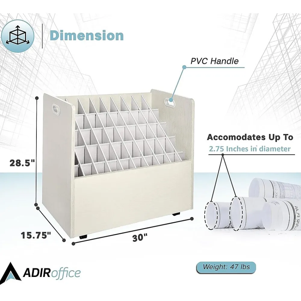 File Cabinets*AdirOffice 50-Slot Mobile Roll File, Lockable, 28.5"H x 30"W x 15.75"D, White (626-WHI-KIT1)