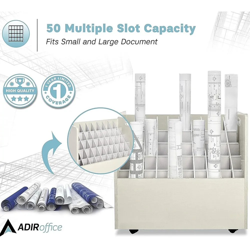 File Cabinets*AdirOffice 50-Slot Mobile Roll File, Lockable, 28.5"H x 30"W x 15.75"D, White (626-WHI-KIT1)