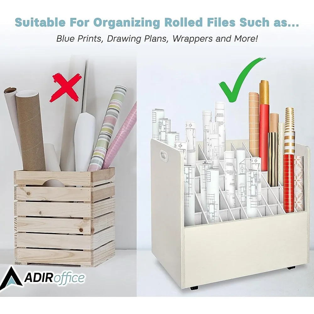 File Cabinets*AdirOffice 50-Slot Mobile Roll File, Lockable, 28.5"H x 30"W x 15.75"D, White (626-WHI-KIT1)