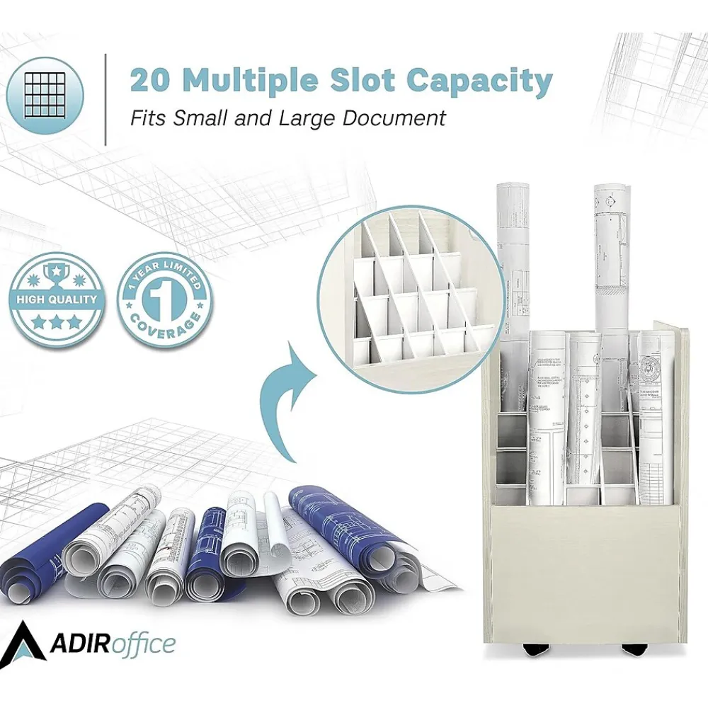 File Cabinets*AdirOffice 20-Slot Mobile Roll File, Lockable, 24.75"H x 15.25"W x 13.25"D, White (624-WHI-KIT1)