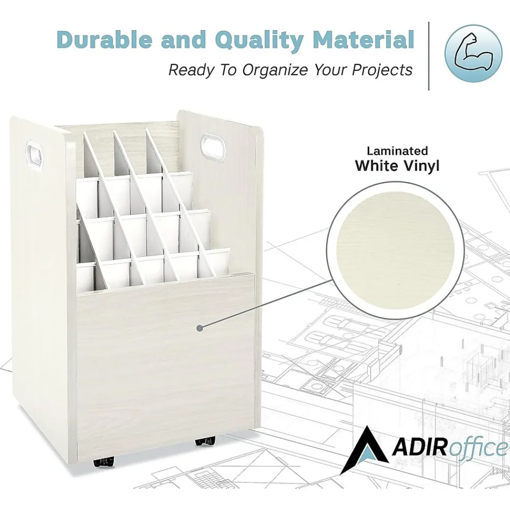 File Cabinets*AdirOffice 20-Slot Mobile Roll File, Lockable, 24.75"H x 15.25"W x 13.25"D, White (624-WHI-KIT1)