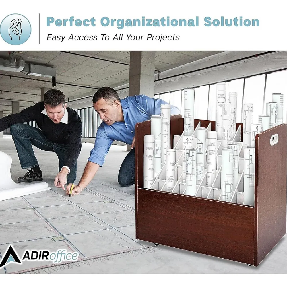 File Cabinets*AdirOffice 50-Slot Mobile Roll File, 28.5"H x 30"W x 15.75"D, Mahogany (626-MA-KIT1)