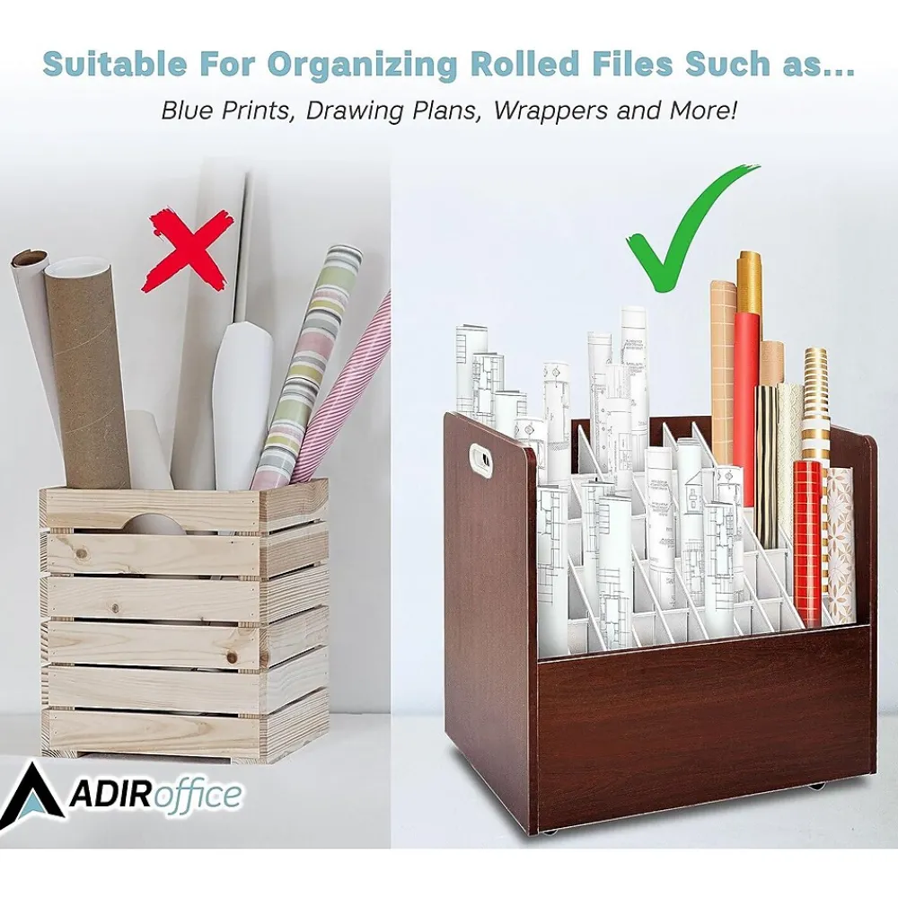 File Cabinets*AdirOffice 50-Slot Mobile Roll File, 28.5"H x 30"W x 15.75"D, Mahogany (626-MA-KIT1)