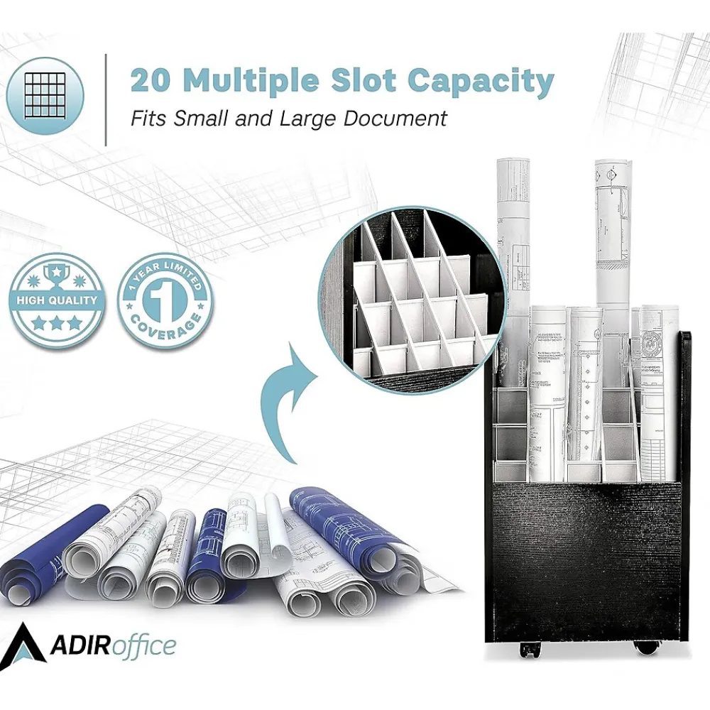 File Cabinets*AdirOffice 20-Slot Mobile Roll File, Lockable, 24.75"H x 15.25"W x 13.25"D, Black (624-BLK-KIT1)