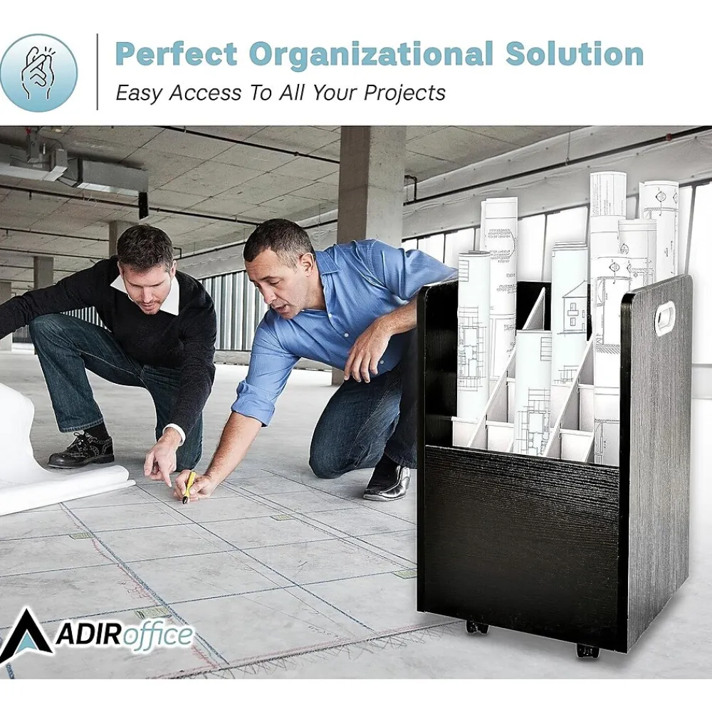 File Cabinets*AdirOffice 20-Slot Mobile Roll File, Lockable, 24.75"H x 15.25"W x 13.25"D, Black (624-BLK-KIT1)