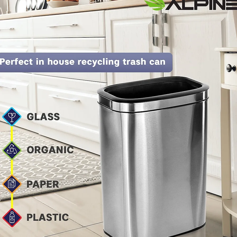 Commercial Indoor Dual-Stream Recycling Station, 10.5 Gallon, Stainless Steel (ALP470-40L-R-T)<Alpine Industries Best