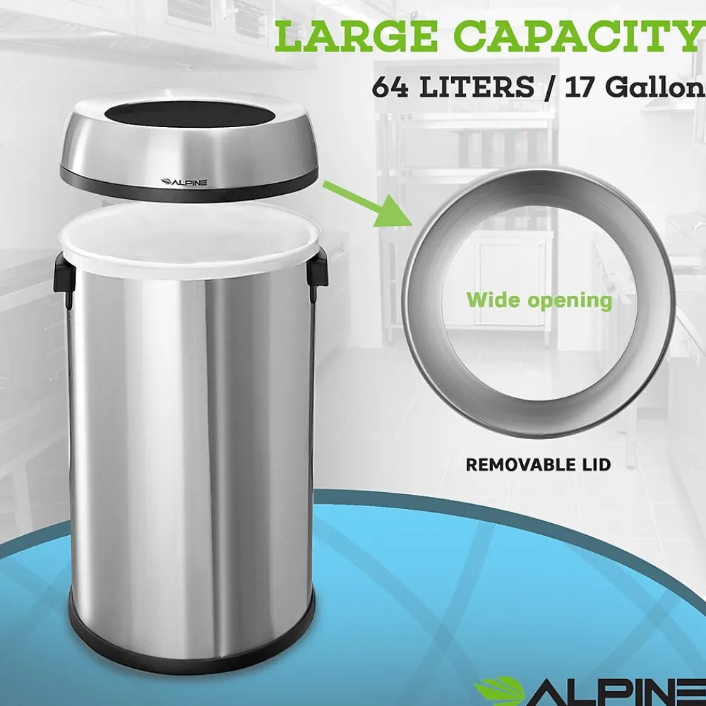 Commercial Indoor Recycling Trash Can, 17 Gallon, Stainless Steel (ALP470-65L-R-T-CO)<Alpine Industries