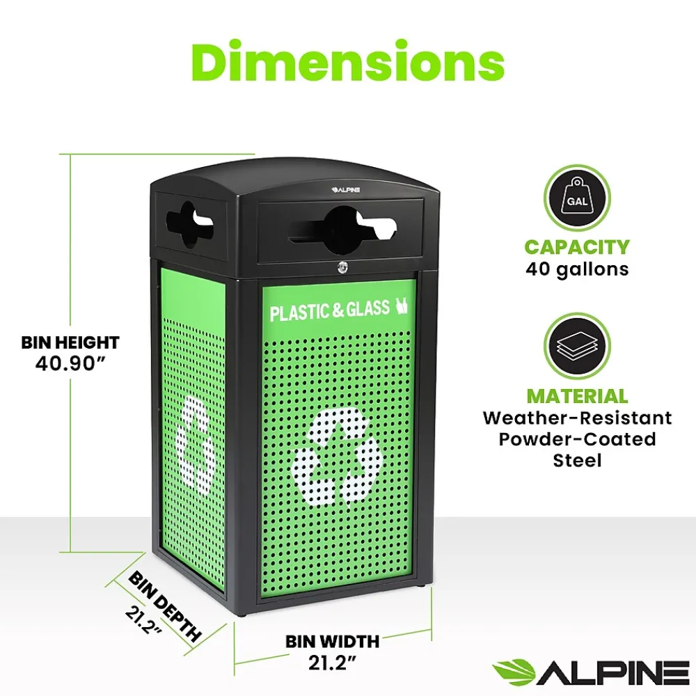 GS Series Steel Trash Can & Recycling Bin Combo, 40 Gallon, Green (ALP471-40-GS-M)<Alpine Industries Hot