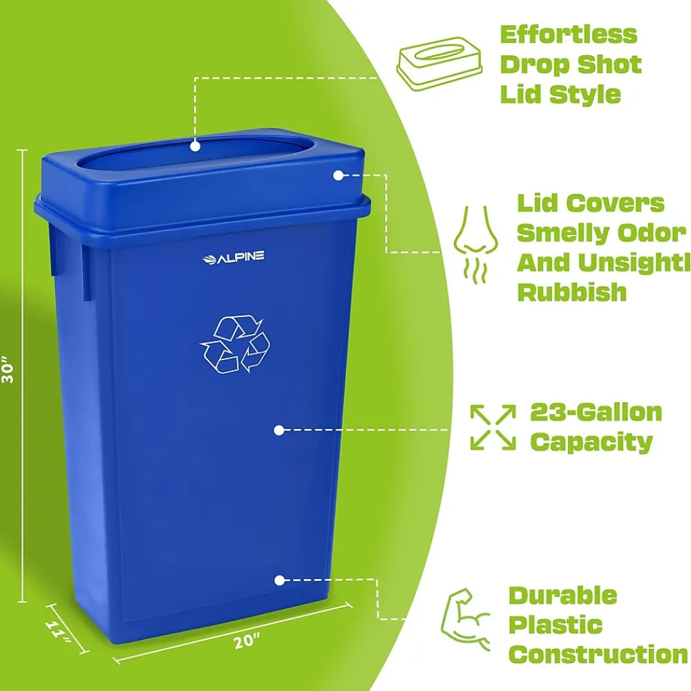 Polypropylene Commercial Indoor Trash Can with Swing Lid and Dolly, 23-Gallon, Blue (ALP477-BLU2-PKD)<Alpine Industries Clearance