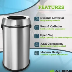 Stainless Steel Indoor Trash Can, 17 Gallon, Silver (470-65L)<Alpine Industries Outlet