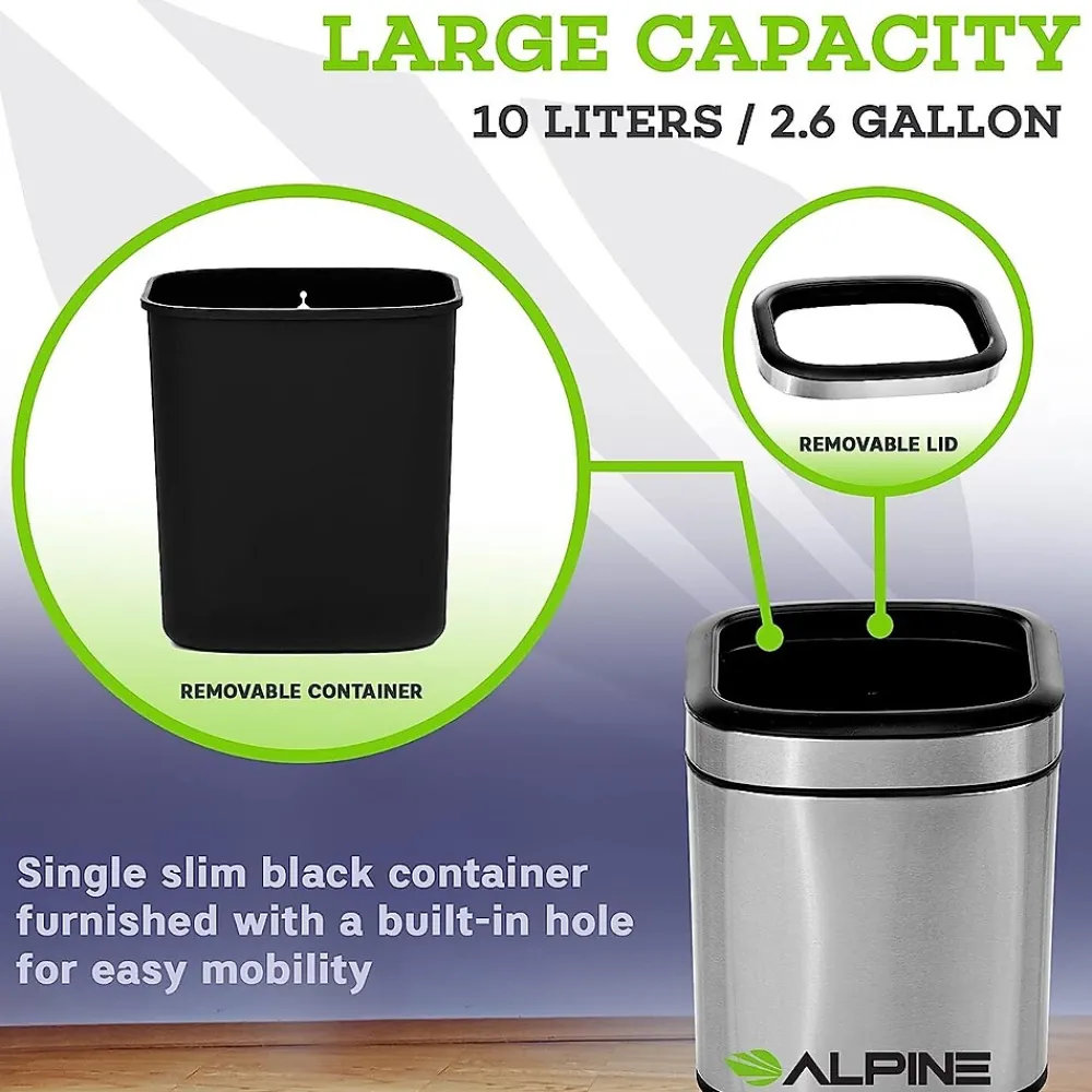 Stainless Steel Indoor Trash Can with Liner, 2.6 Gallon, Silver (470-10L)<Alpine Industries New