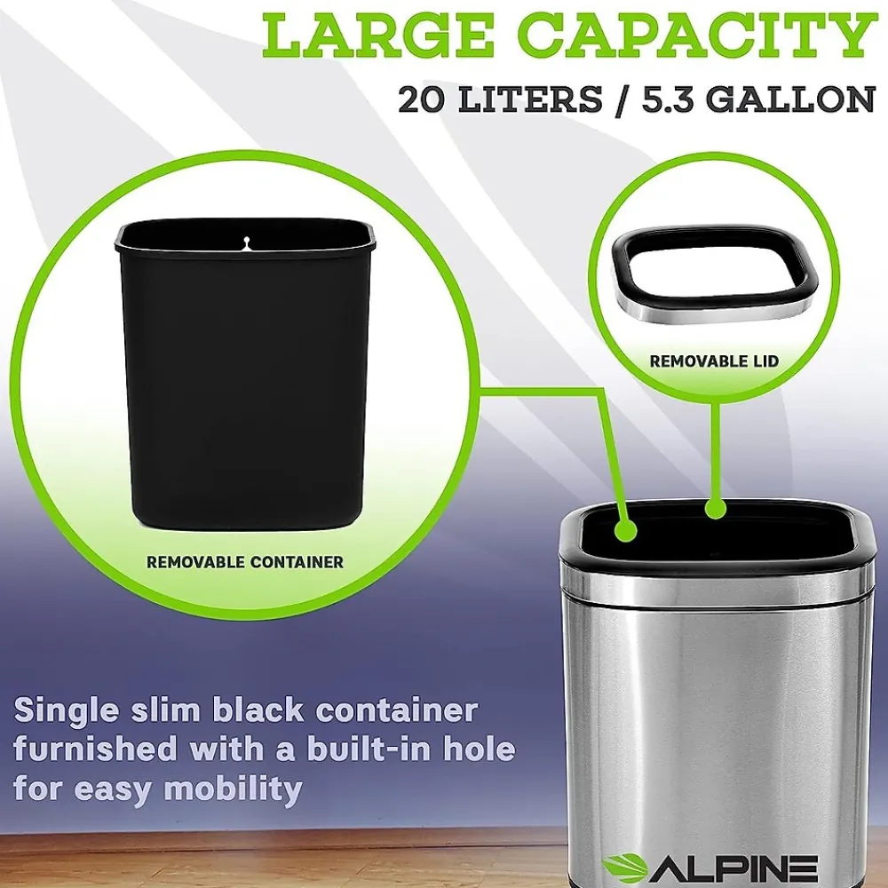 Stainless Steel Indoor Trash Can, 5.3 Gallon, Silver, 2/Pack (470-20L-2PK)<Alpine Industries New