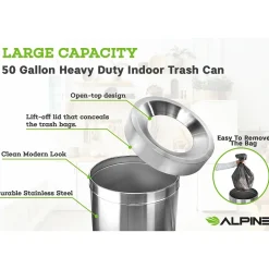 Stainless Steel Indoor Trash Can with Open Lid, 50-Gallon, 2/Pack (ALP475-50-2PK)<Alpine Industries Hot