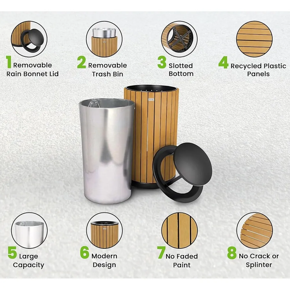 Steel Outdoor Trash Can with Rain Bonnet Lid, 32 Gallon, Cedar/Black (ALP4400-01-CD-RB)<Alpine Industries Online