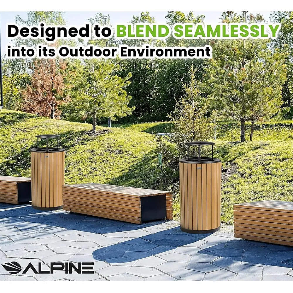 Steel Outdoor Trash Can with Rain Bonnet Lid, 32 Gallon, Cedar/Black (ALP4400-01-CD-RB)<Alpine Industries Online