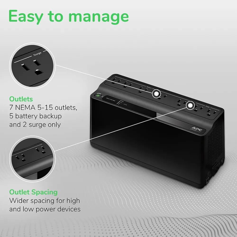 APC Back-UPS BE Series 600VA 7-Outlet Desktop Battery Backup & Surge Protector w/ USB, Black (BE600M1)