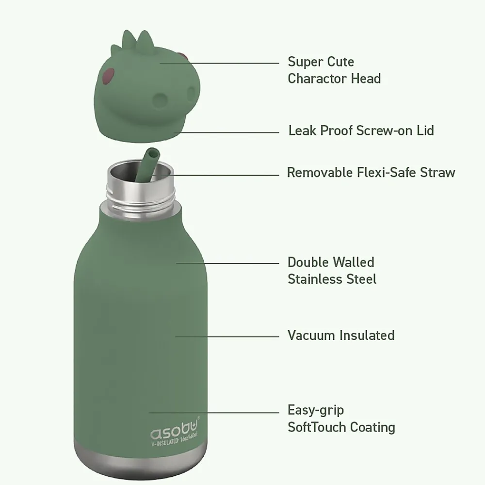 ASOBU Bestie Bottle Dinosaur Stainless Steel Vacuum Insulated Water Bottle, 16 oz., Green (ADNASBV44DI)