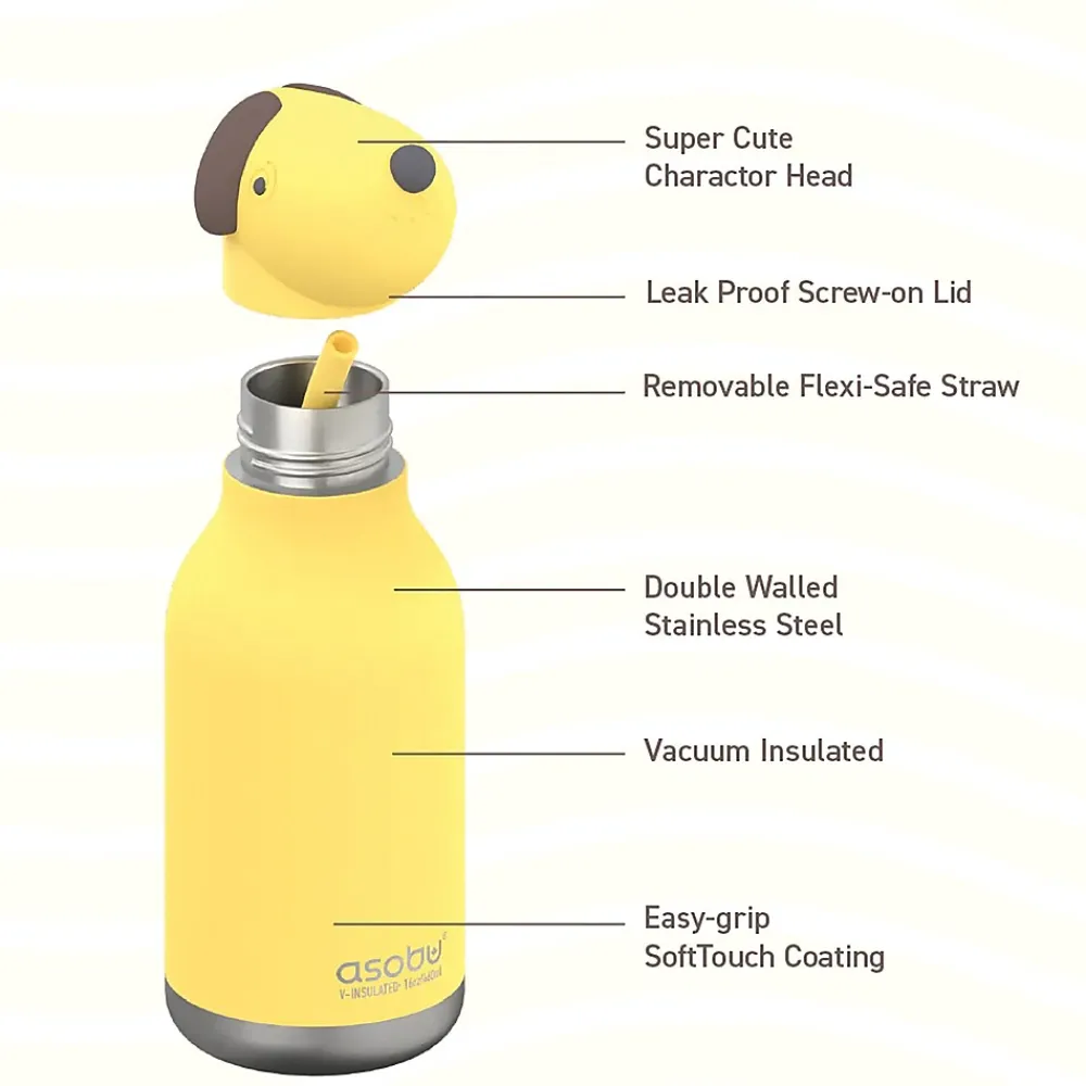 ASOBU Bestie Bottle Dog Stainless Steel Vacuum Insulated Water Bottle, 16 oz., Yellow (ADNASBV44DO)