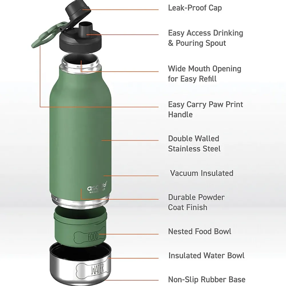 ASOBU Buddy 3-in-1 Water Bottle with Removable Dog Bowl & Food Compartment, 32 oz., Basil Green (SDB2)