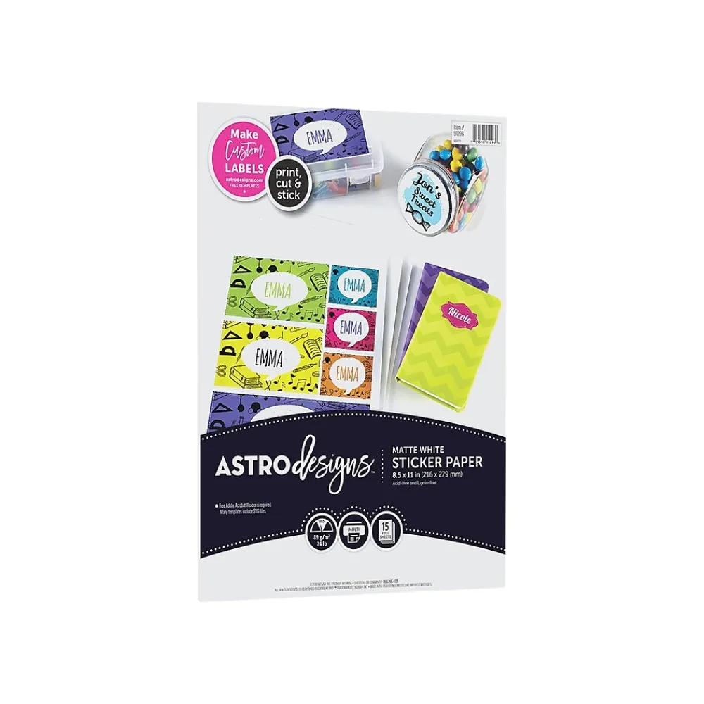 Labels|Astrobrights Astrodesigns Inkjet/Laser Sticker Paper Labels, 8 1/2" x 11", Matte White, 15 Sheets/Pack (91296-01)