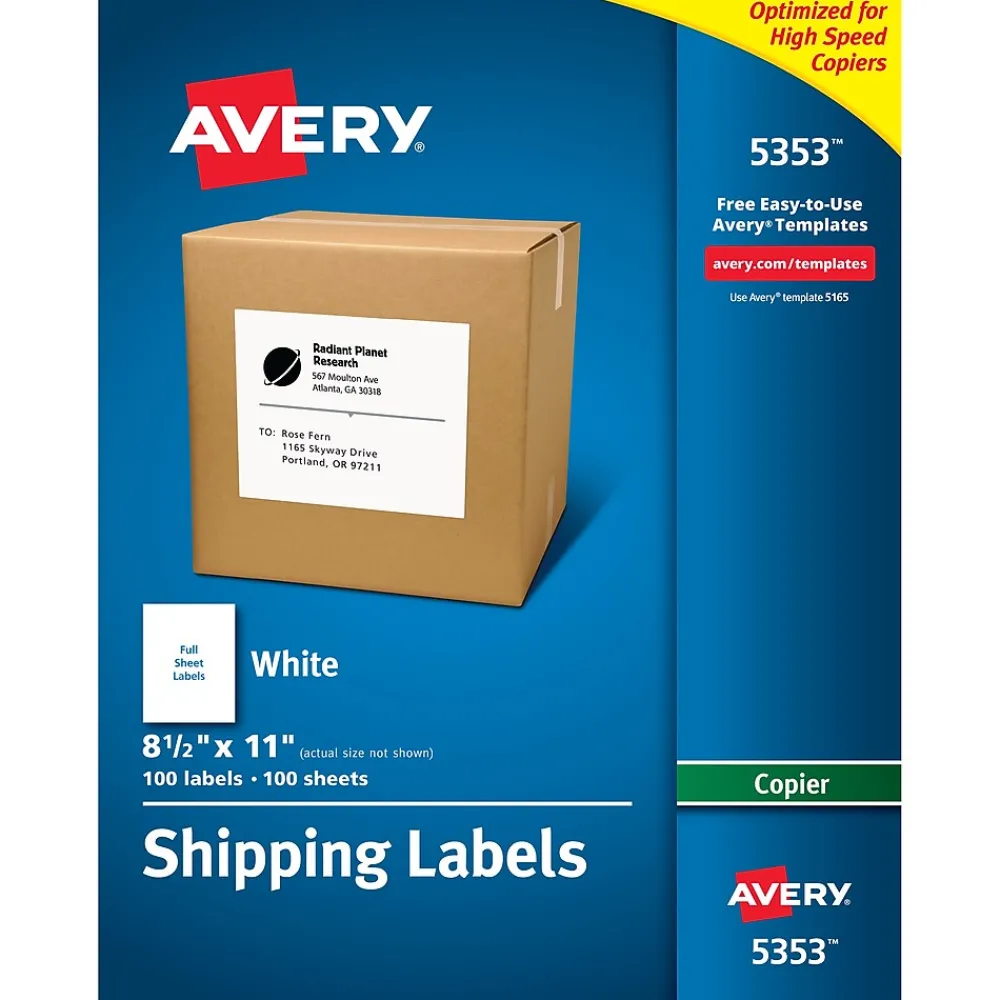 Online Avery Copier Shipping Labels, 8-1/2" x 11", White, 100 Labels/Box (5353)