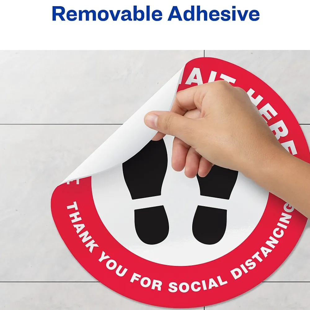 Avery Directional "Please Wait Here" Preprinted Floor Decals, 10.5" Diameter, White/Red, 5/Pack (83090)