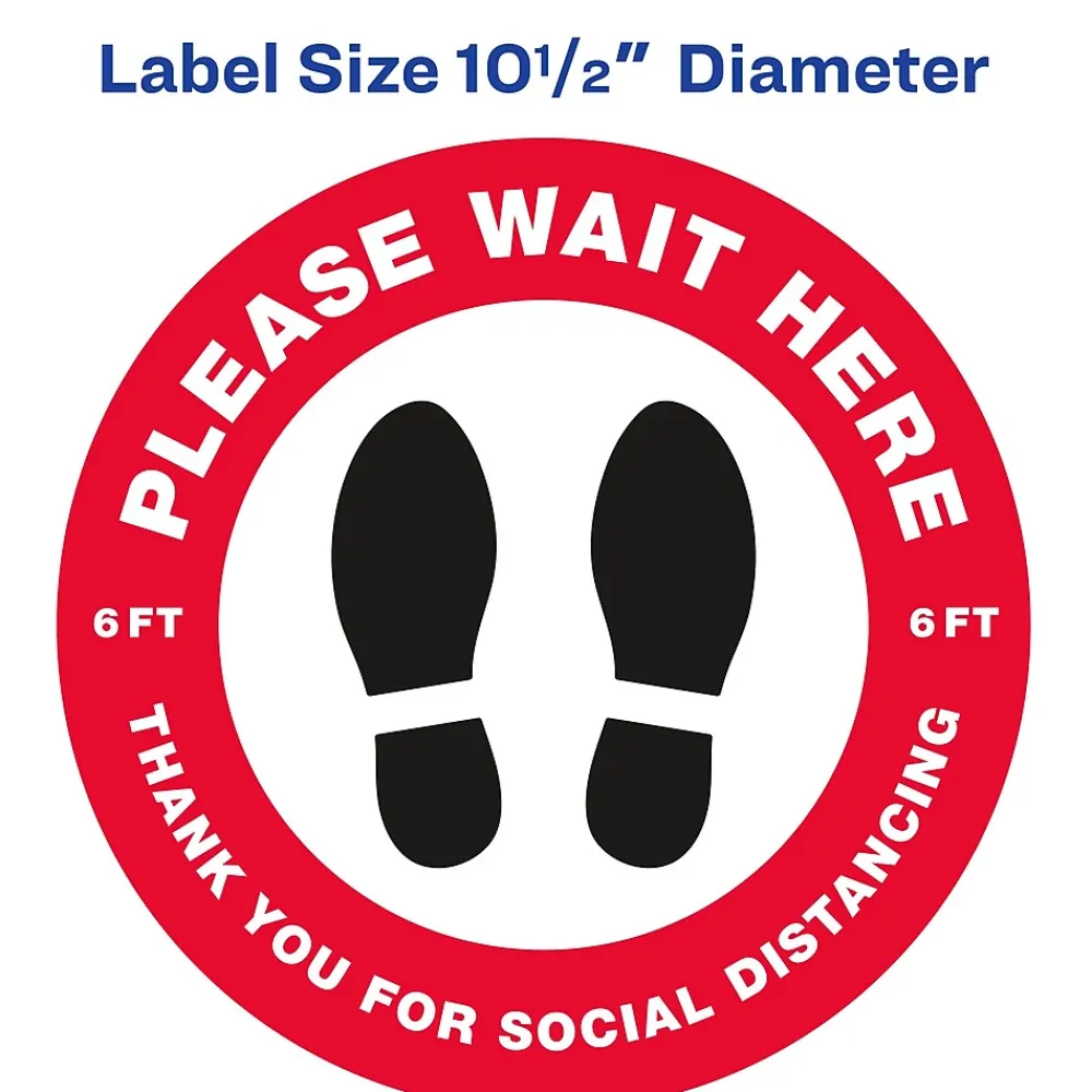 Avery Directional "Please Wait Here" Preprinted Floor Decals, 10.5" Diameter, White/Red, 5/Pack (83090)