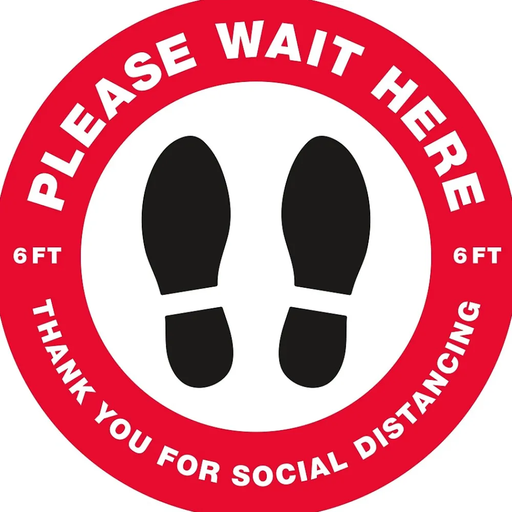 Avery Directional "Please Wait Here" Preprinted Floor Decals, 10.5" Diameter, White/Red, 5/Pack (83090)