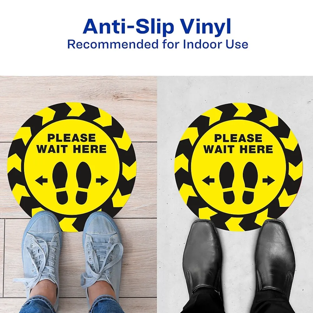 Avery Directional "Please Wait Here" Preprinted Floor Decals, 10.5" Diameter, Yellow/Black, 5/Pack (83020)