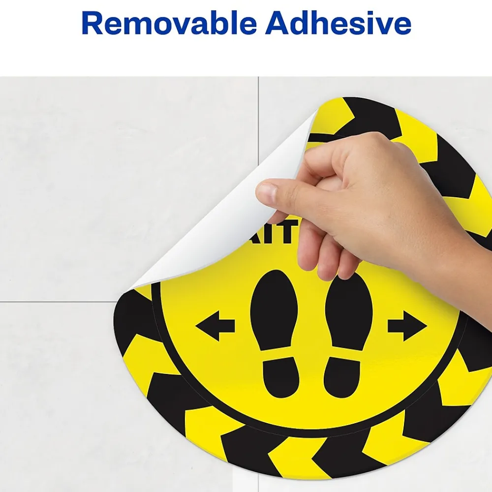 Avery Directional "Please Wait Here" Preprinted Floor Decals, 10.5" Diameter, Yellow/Black, 5/Pack (83020)