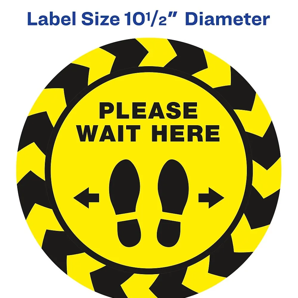 Avery Directional "Please Wait Here" Preprinted Floor Decals, 10.5" Diameter, Yellow/Black, 5/Pack (83020)