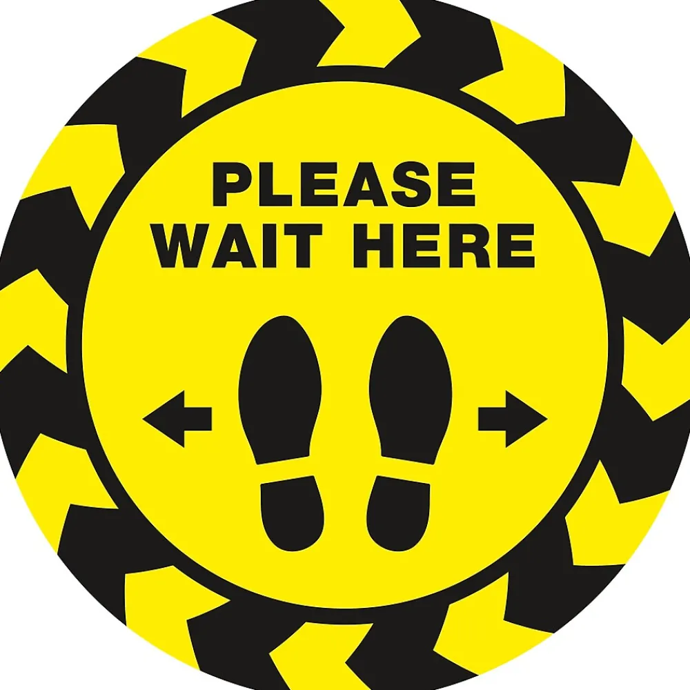 Avery Directional "Please Wait Here" Preprinted Floor Decals, 10.5" Diameter, Yellow/Black, 5/Pack (83020)
