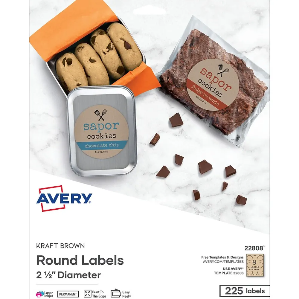 Labels|Avery Easy Peel Laser/Inkjet Round Labels, 2 1/2" Dia, Kraft Brown, 225 Labels/Pack (22808)